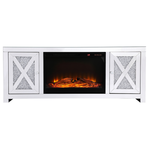 Elegant Decor 59 In. Crystal Mirrored Tv Stand With Wood Log Insert Fireplace, 2PK MF9903-F1
